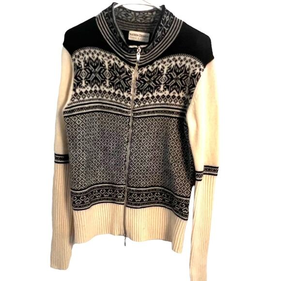 Fair Isle Cardigan Sweater Womens size S full Zip Snowflake Lambswool Angora NWT - Picture 1 of 5